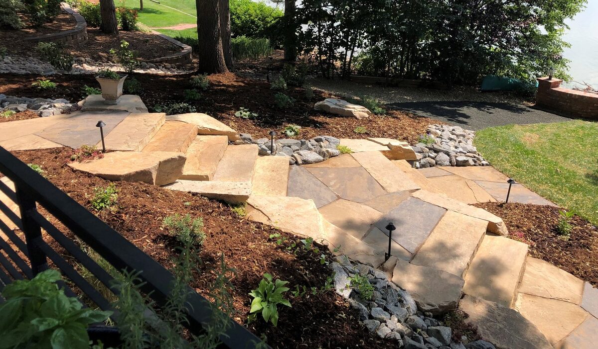 Lakeside flagstone steps and landing built by Brooks Landscape
