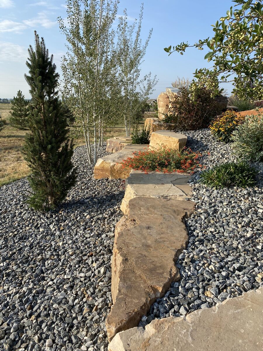 Xeriscape rock garden with boulder steps by Brooks Landscape